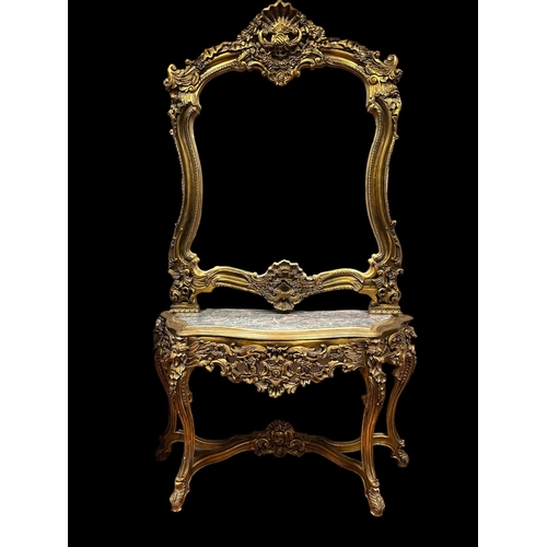 2 - A CONTINENTAL CARVED GILTWOOD AND MARBLE CONSOLE TABLE AND MIRROR the shaped plate within a foliate ... 