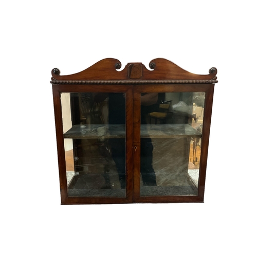 201 - A REGENCY MAHOGANY WALL MOUNTED TWO DOOR CABINET with glazed doors and side panels on moulded base 6... 