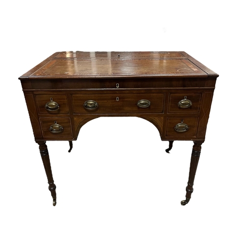 205 - AN EDWARDIAN MAHOGANY AND SATINWOOD INLAID WRITING DESK the rectangular top with hinged compartments... 