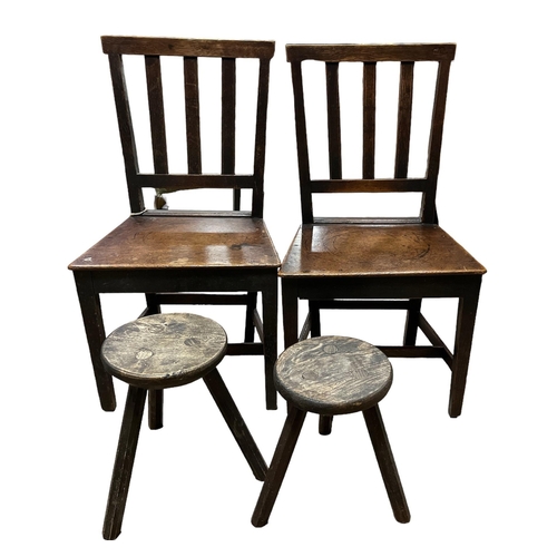 219 - A SET OF THREE 19TH CENTURY OAK DINING CHAIRS with vertical splats and panel seats on moulded legs t... 