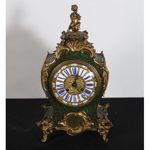 240 - A 19TH CENTURY FRENCH GREEN BOULLE BRASS INLAID AND GILT BRASS MANTEL CLOCK the shaped case surmount... 