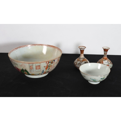 243 - A FAMILLE ROSE BOWL, six Chinese blue and white bowls with floral decoration, an Ironstone bowl, etc... 