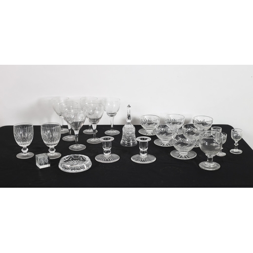 244 - A SET OF SIX WATERFORD CUT GLASS SUNDAE DISHES, two Waterford cut glass tumblers, a set of six etche... 