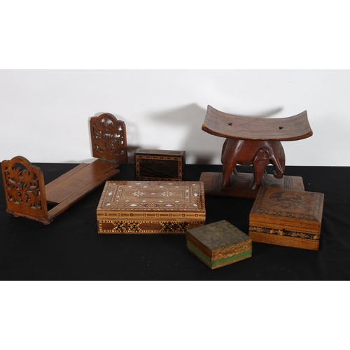 245 - A CARVED AFRICAN ELEPHANT STOOL, a mahogany telescopic book trough, a coromandel wood postcard box, ... 