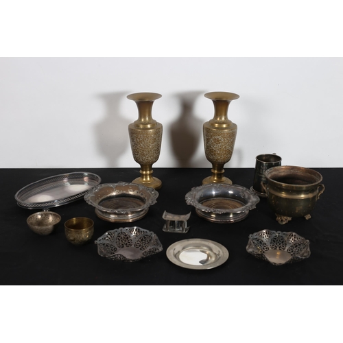 246 - A PAIR OF SILVER BONBON DISHES, a pair of plated wine coasters, a pair of brass vases, etc.