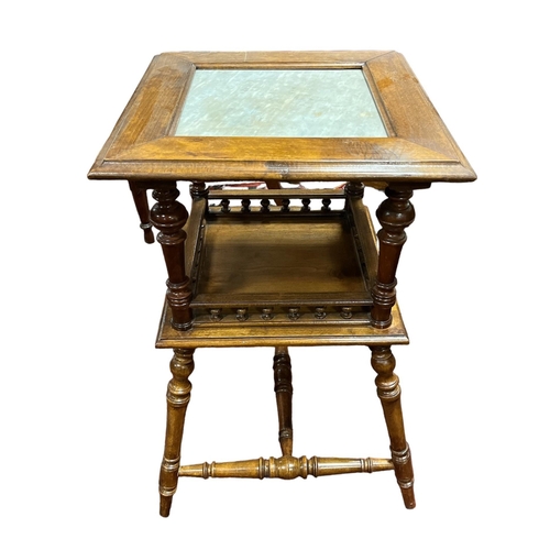 27 - A STAINED BEECHWOOD AND MARBLE OCCASIONAL TABLE the square moulded top raised on ring turned support... 