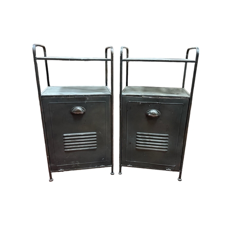 286 - A PAIR OF VINTAGE METAL CABINETS with openwork shelves above a hinged compartment on pad feet 81cm (... 