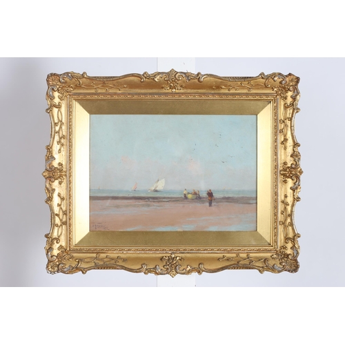 294 - JOHN FRASER Seashore with Sailing Boats and Figures, Riverscape with Windmills Oil on board A pair E... 