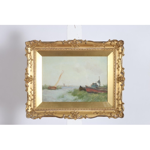 294 - JOHN FRASER Seashore with Sailing Boats and Figures, Riverscape with Windmills Oil on board A pair E... 