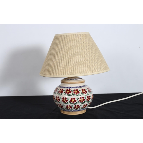 547 - A NICHOLAS MOSS POTTERY TABLE LAMP Old Rose Pattern of bulbous form with shade 33cm (h)