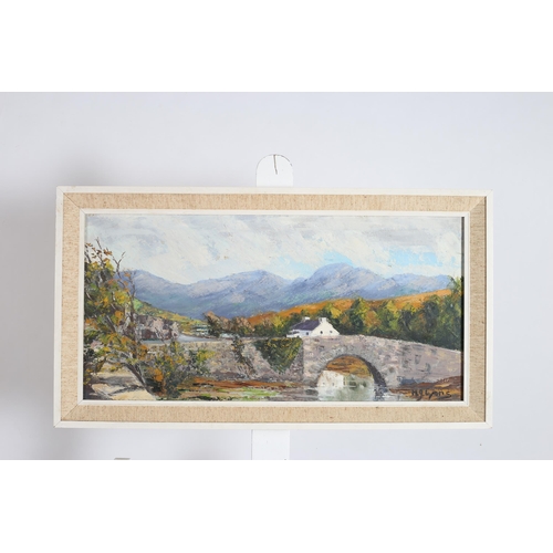 597 - M.G. LYONS Mountain Riverscape with Cottage Oil on canvas Signed lower right 28cm (h) x 59cm (w)