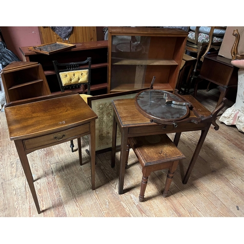 608 - A VINTAGE TEAK DISPLAY CABINET with glazed doors, an ebonised and parcel gilt side chair, a leather ... 