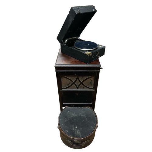 615 - ANTIQUE GRAMOPHONE CABINET with fitted gramophone, together with a Columbia portable gramophone in c... 