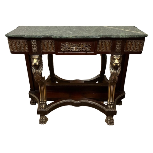 64 - A CONTINENTAL MAHOGANY AND GILT BRASS MOUNTED CONSOLE TABLE AND MIRROR the rectangular bevelled glas... 