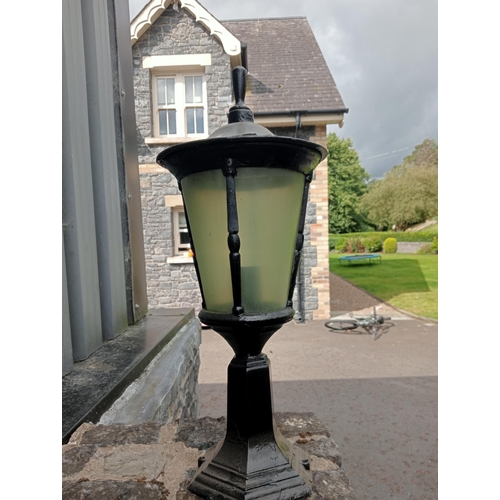 684 - A PAIR OF CAST ALUMINIUM OUTSIDE PIER LIGHTS each of cylindrical tapering form 56cm (h) x 26cm (d)