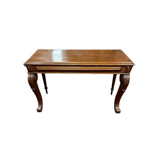 23 - A 19TH CENTURY MAHOGANY CONSOLE TABLE the moulded top above a shaped apron on sabre legs with scroll... 