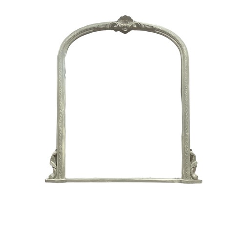 117 - A VICTORIAN STYLE GREY PAINTED OVERMANTEL MIRROR with shell and foliate cresting in a carved wood fr... 