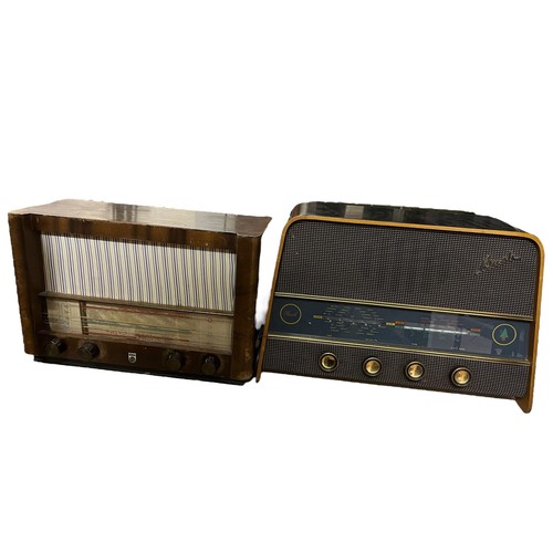 616 - 7 VINTAGE TIMBER CASED RADIOS by Bush, Philips and others .