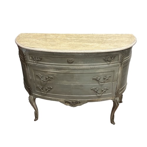 169 - A CONTINENTAL GREY PAINTED AND MARBLE CHEST of demi lune outline with three frieze drawers on cabrio... 