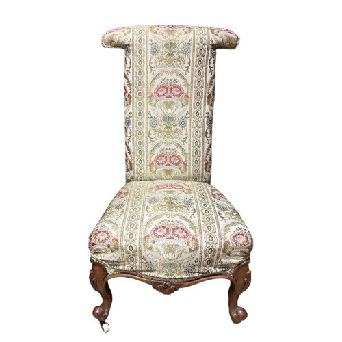 178 - A 19TH CENTURY CARVED MAHOGANY AND UPHOLSTERED PRIE-DIEU with upholstered back and seat on cabriole ... 