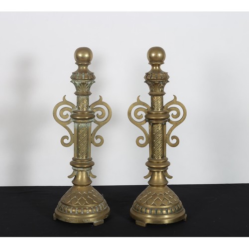 215 - A PAIR OF 19TH CENTURY BRASS COLUMNS each with a spherical capital above an engraved column with pie... 