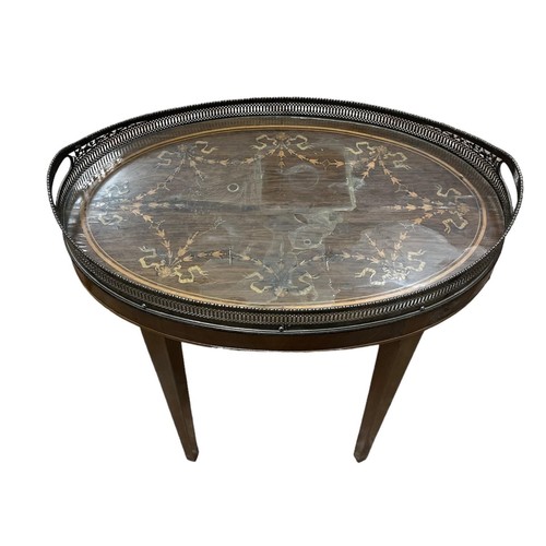 220 - AN EDWARDIAN MAHOGANY INLAID TRAY TOP TABLE with pierced plated gallery on square tapering legs 59cm... 