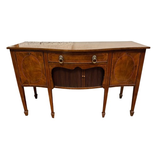 252 - A 19TH CENTURY MAHOGANY AND ROSEWOOD CROSSBANDED SIDEBOARD of serpentine outline with frieze drawer,... 