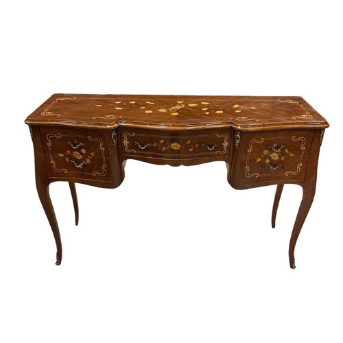 264 - A CONTINENTAL KINGWOOD AND MARQUETRY SIDE TABLE of serpentine outline the shaped top above a frieze ... 