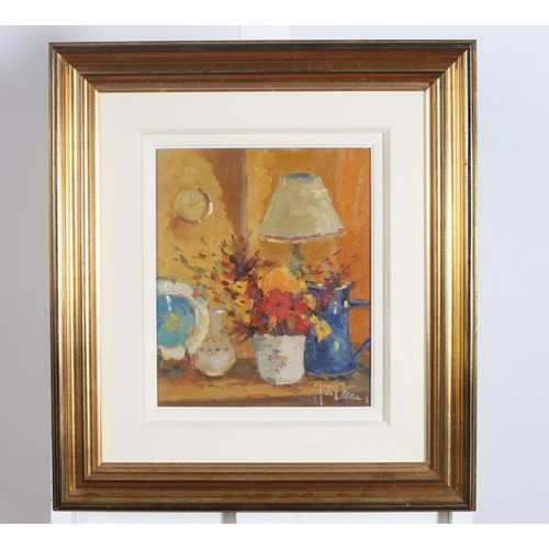 287 - LIAM TREACY Still Life, Flowers and Jugs on a Table Oil on canvas Signed lower right 31cm (h) x 23cm... 