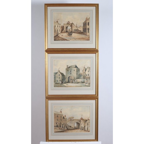 295 - OLD TOWN FRANCE A set of three watercolours in gilt frames 26cm (h) x 34cm (w), A 19TH CENTURY BLACK... 