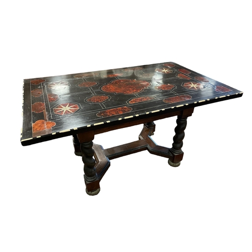 453 - A 19TH CENTURY CONTINENTAL WALNUT EBONISED RED TORTOISESHELL AND BONE INLAID CENTRE TABLE on spiral ... 