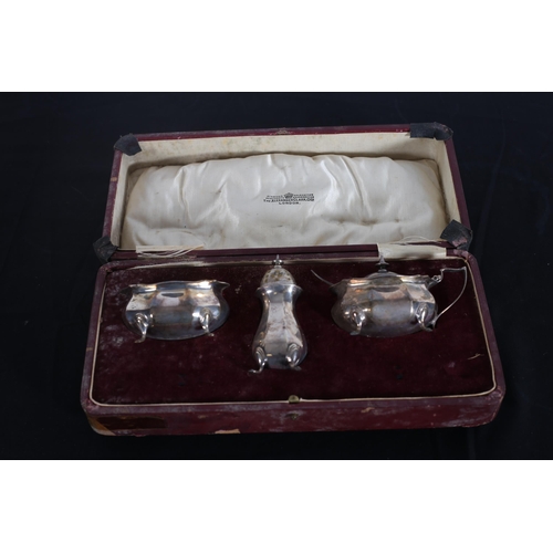 530 - A THREE PIECE SILVER CONDIMENT SET Birmingham 1929 in original presentation case, A COLLECTION OF EI... 