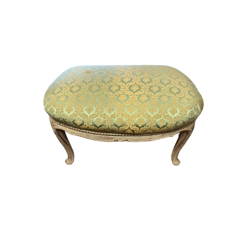 566 - A CONTINENTAL GREY PAINTED AND UPHOLSTERED STOOL of oval outline on cabriole legs