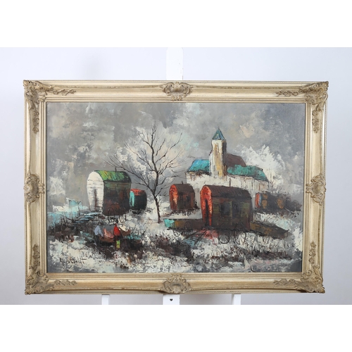 582 - 20TH CENTURY Gypsy Encampment with Church and Figures Oil on canvas Indistinctly signed lower left 6... 