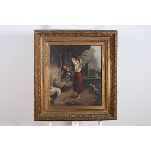 586 - BRITISH SCHOOL, 19TH CENTURY Farmyard Scene with Figures Oil on canvas 56cm (h) x 48cm (w)