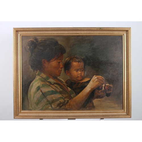 587 - PRUCHA Holding Fruit Oil on canvas Indistinctly signed lower right 56cm (h) x 78cm (w)