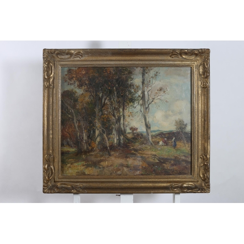 588 - WILLIAM B LANGLEY 1852 - 1922 Wooded Landscape with Figures Oil on canvas Indistinctly signed lower ... 