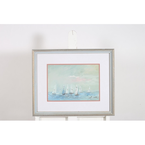 590 - SIMON CORBALLIS Seascape with Sailing Boats Oil on board Indistinctly signed lower right 23cm (h) x ... 