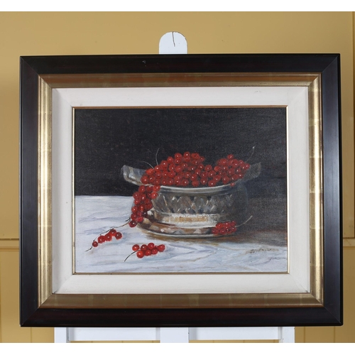 144 - JOSEPHINE EGAN Still Life, Bowl of Cherries on a Table Oil on board Signed lower right 33cm (h) x 43... 