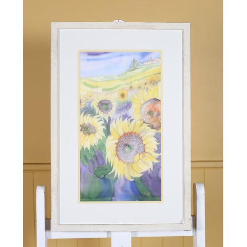 157 - LORETO SUNFLOWERS Watercolour on silk Indistinctly signed lower right 43cm (h) x 23cm (w), TOM CULLE... 