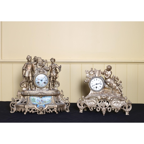 186 - A CONTINENTAL GILT SPELTER AND PORCELAIN CLOCK the drum case with painted dial and Roman numerals fl... 