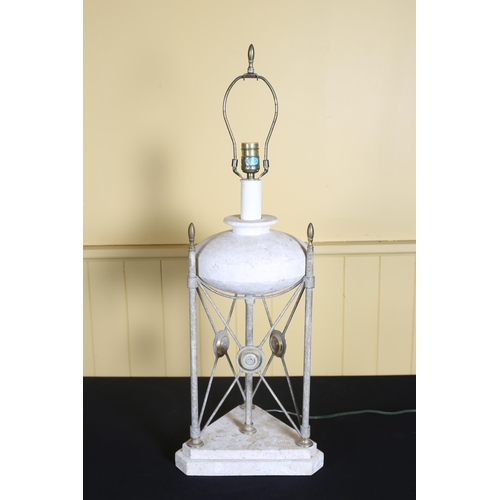 187 - A CONTINENTAL SIMULATED MARBLE AND GILT BRASS TABLE LAMP the open work frame raised on a triangular ... 