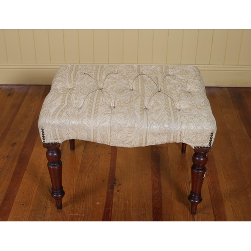 192 - A VICTORIAN MAHOGANY AND UPHOLSTERED STOOL the rectangular buttoned upholstered seat on baluster leg... 