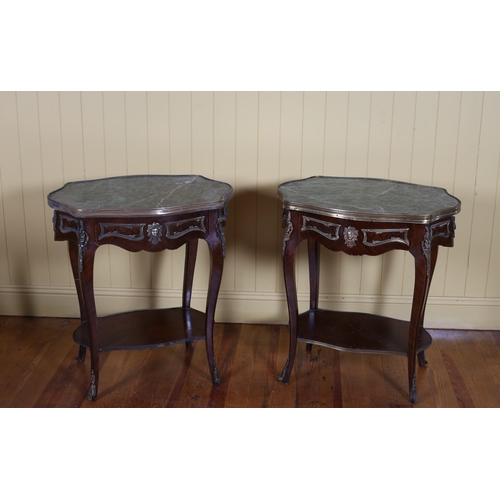 197 - A PAIR OF CONTINENTAL KINGWOOD GILT BRASS MOUNTED AND MARBLE OCCASIONAL TABLES each of serpentine ou... 