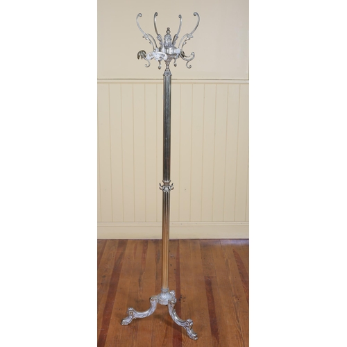 203 - A GILT BRASS HAT AND COAT STAND the reeded column on tripod support with scroll toes 177cm (h)