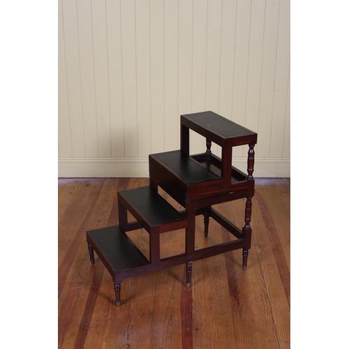 206 - A GEORGIAN STYLE MAHOGANY FOUR TIER FOLDING LIBRARY STEPS with tooled leather panels on turned legs ... 