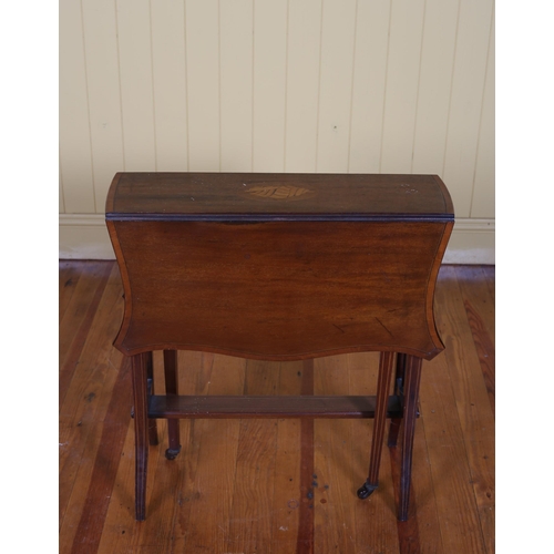 209 - AN EDWARDIAN MAHOGANY AND SATINWOOD INLAID SUTHERLAND TABLE the serpentine hinged top on moulded leg... 