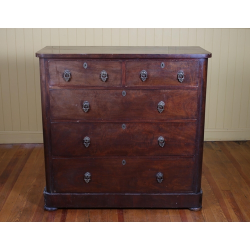 23 - A 19TH CENTURY MAHOGANY CHEST of two short and three long graduated drawers on bun feet 117cm (h) x ... 