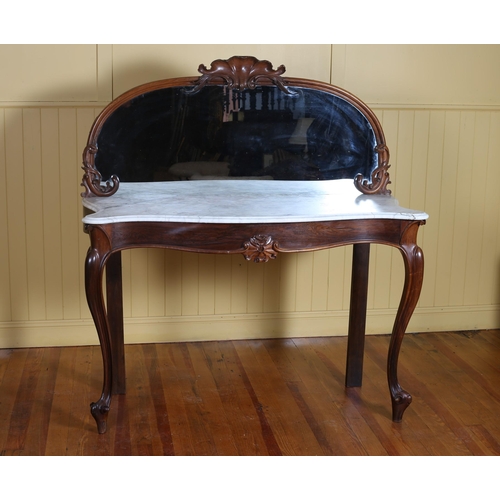 25 - A 19TH CENTURY ROSEWOOD CONSOLE TABLE of serpentine outline the shaped mirror back with shell cresti... 