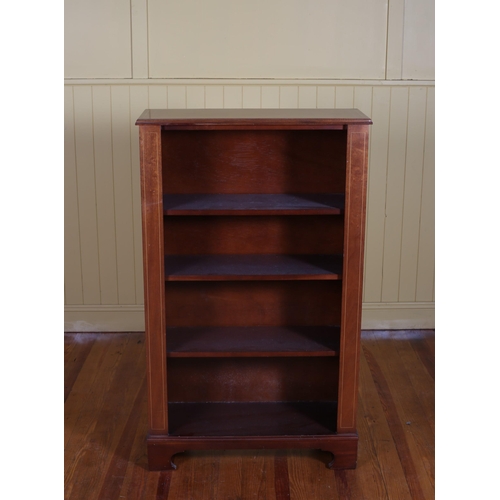 28 - A MAHOGANY AND SATINWOOD INLAID FOUR TIER OPEN FRONT BOOKSHELF with three adjustable shelves on brac... 